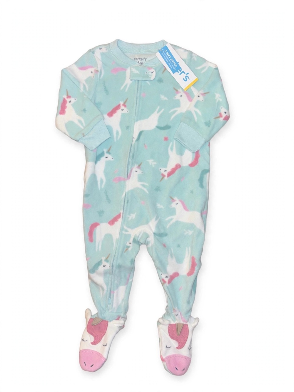 Carter's Mint and Pink Unicorn Fleece Footed One-Piece